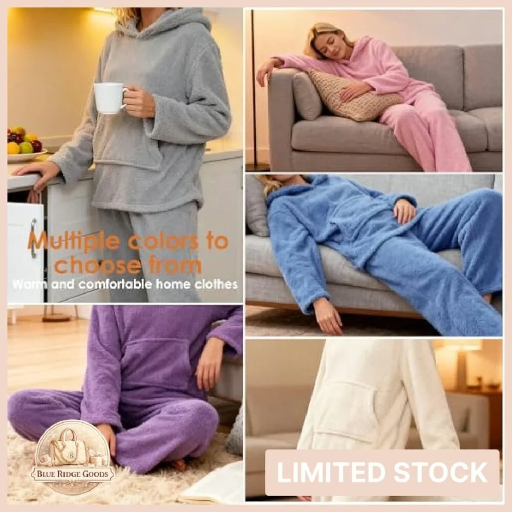 Sherpa Fleece Pullover Hoodie Pajama Set Cozy Winter Loungewear Thermal